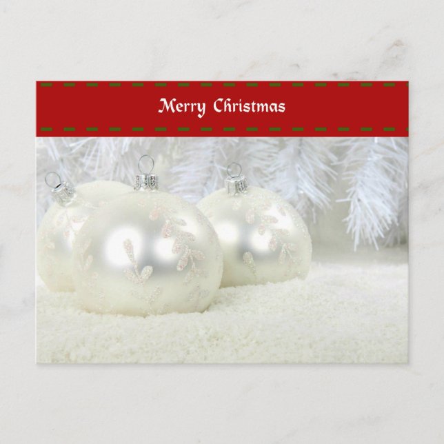 Cartão Postal Feliz Natal com Enfeites de Prata e Neve (Frente)