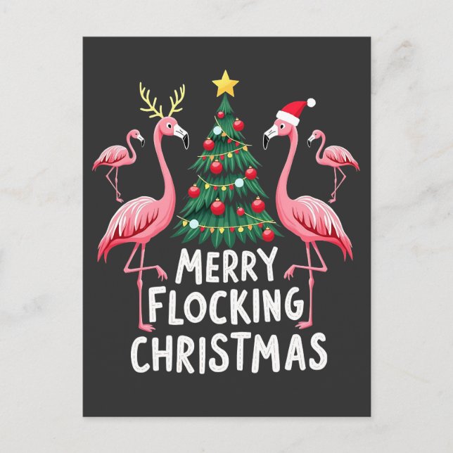 Cartão Postal Feliz Natal com Flamingos Árvore de Natal (Frente)