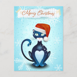 Cartão Postal Feliz Natal com Gato Preto com Chapéu de Papai Noe