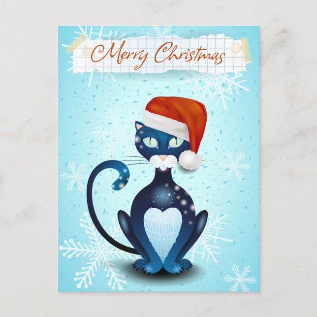 Cartão Postal Feliz Natal com Gato Preto com Chapéu de Papai Noe (Frente)
