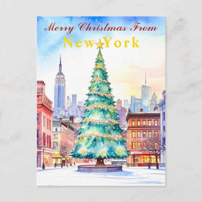 Cartão Postal Feliz Natal da Árvore Festiva de Nova York (Frente)