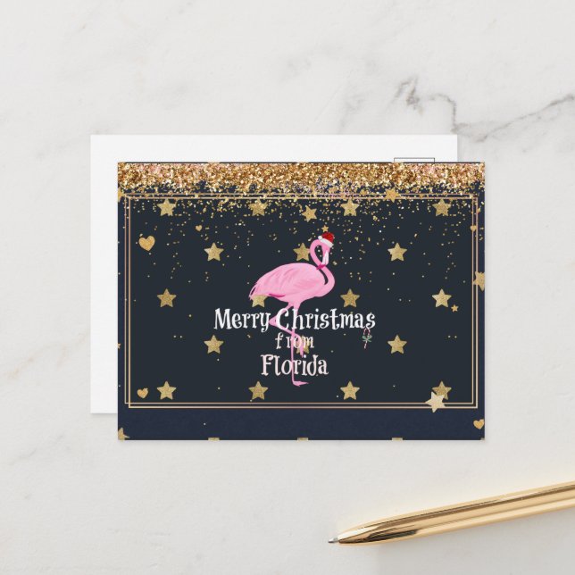 Cartão Postal Feliz Natal da Flórida, Papai Noel Flamingo (Frente/Verso In Situ)