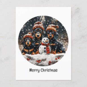 Cartão Postal Feliz Natal Dachshund Dogs Snowman
