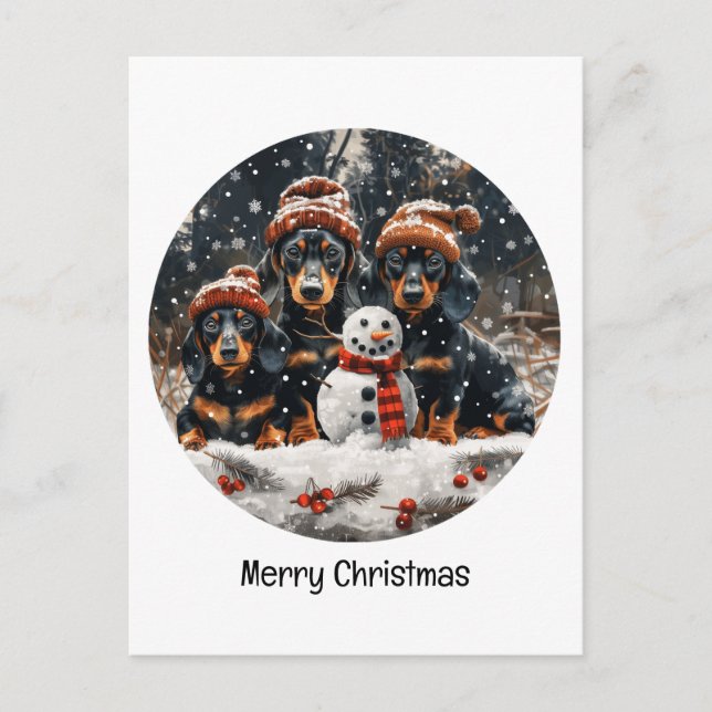 Cartão Postal Feliz Natal Dachshund Dogs Snowman (Frente)
