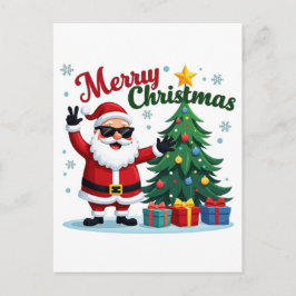 Cartão Postal Feliz Natal | Desenho de Papai Noel e Árvore