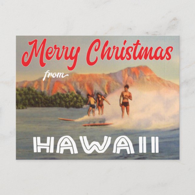 Cartão Postal Feliz Natal do Hawaii - surfe antigo (Frente)