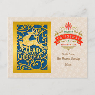 Cartão Postal Feliz Natal em ouro & Feliz Ano Novo & Floco de ne