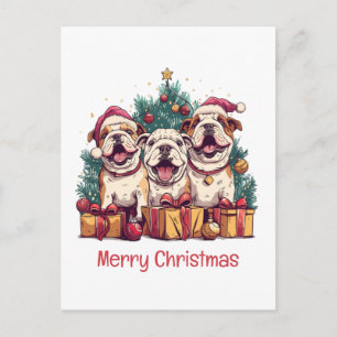 Cartão Postal Feliz Natal English Bulldog Chapéus de Papai Noel