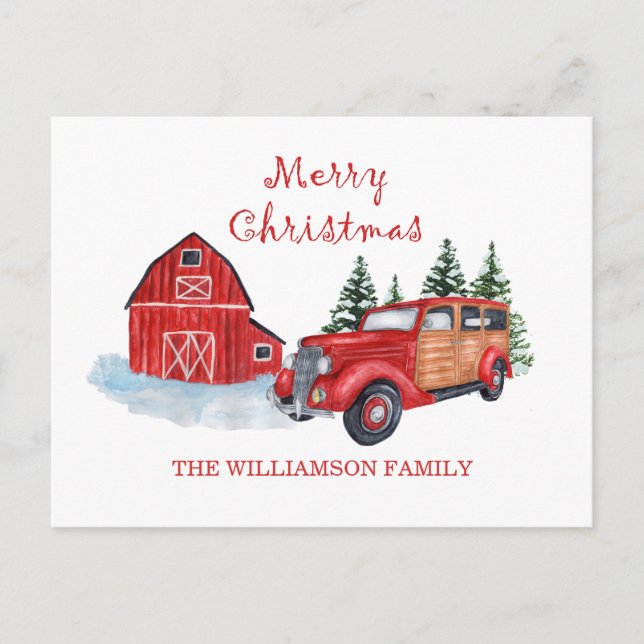 Cartão Postal Feliz Natal Farmhouse Red Truck | Nome da família (Frente)