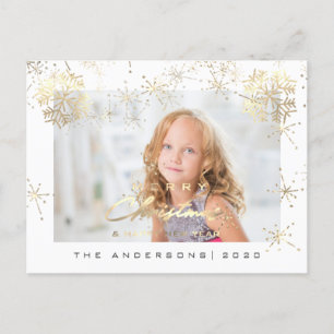 Cartão Postal Feliz Natal Feliz Ano Dourado Foto Branca de Neve