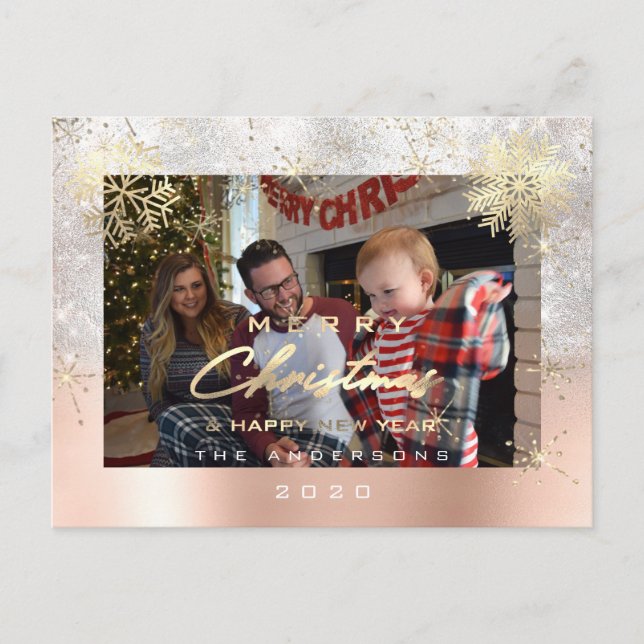 Cartão Postal Feliz Natal Feliz Ano Dourado Foto da Glitter (Frente)