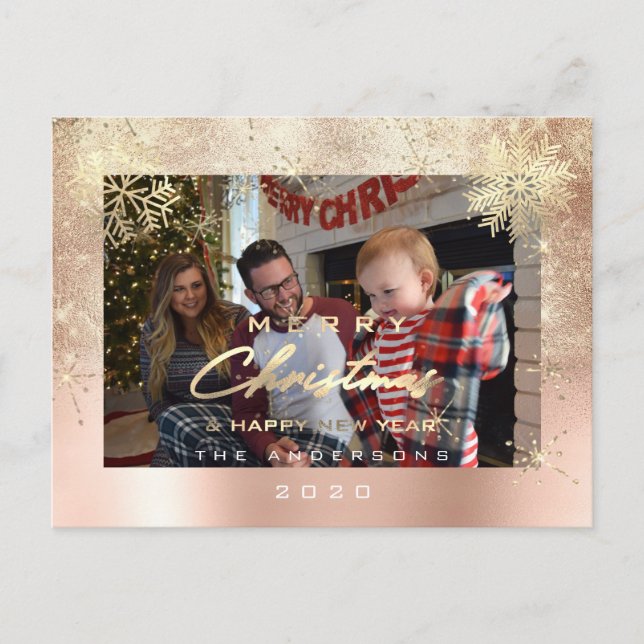 Cartão Postal Feliz Natal Feliz Ano Dourado Foto da Neve (Frente)