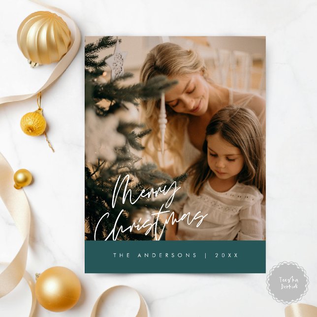 Cartão Postal Feliz Natal - Foto da Família, Marinho Azul (Modern Season Greeting, Merry Christmas Family Photo Postcard in emerald green)