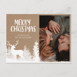 Cartão Postal Feliz Natal   Foto Veado Branco Papel Kraft