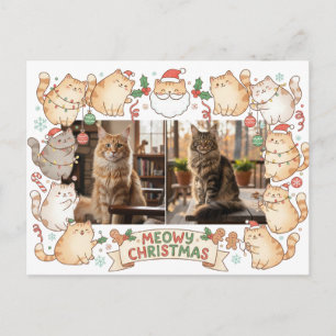 Cartão Postal Feliz Natal Gatinho Desenho Animado Dois Fotos