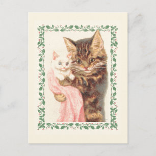 Cartão Postal Feliz Natal Gatinho Holly Vintage Holiday