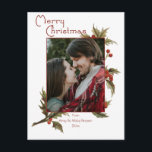 Cartão Postal Feliz Natal | Holly | Foto<br><div class="desc">Interpretação festiva e moderna da ilustração holográfica de vintage,  com a tipografia de Feliz Natal e um modelo colorido de fotografia holly. A parte traseira apresenta gráficos complementares e saudações sugeridas.</div>