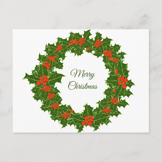 Cartão Postal Feliz Natal Holly Wreath (Frente)