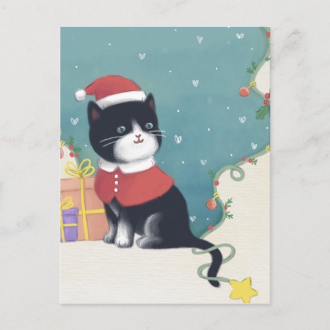 Cartão Postal Feliz Natal: Ilustração de Gato em Arte (Frente)