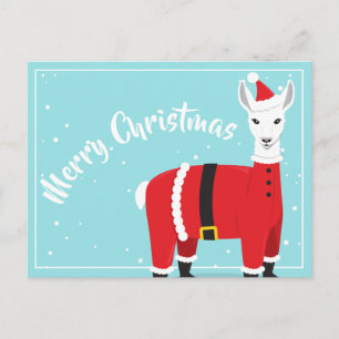 Cartão Postal Feliz Natal Llama Blue Red Papai noel Cartoon