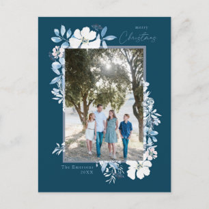 Cartão Postal Feliz Natal Moldura Floral Aquarela Azul escuro