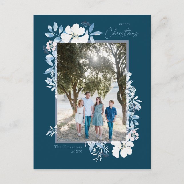 Cartão Postal Feliz Natal Moldura Floral Aquarela Azul escuro (Frente)