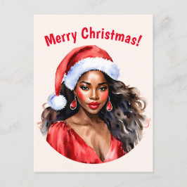 Cartão Postal Feliz Natal Mulher Negra Santa Hat