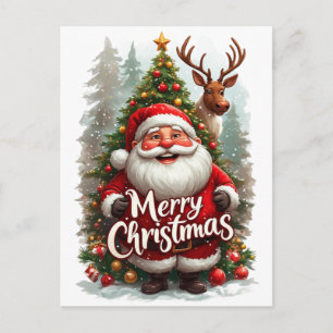 Cartão Postal Feliz Natal Papai Noel Floresta de Inverno