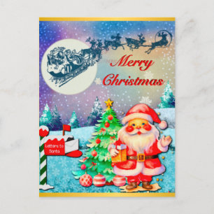 Cartão Postal Feliz Natal Papai Noel, Trenó, Rena, Floco de Neve