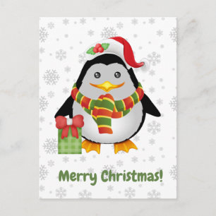 Cartão Postal Feliz Natal Pinguim de Natal Fofo e Presente