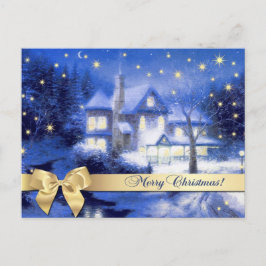 Cartão Postal Feliz Natal. Pintura da Vila Snowy de Natal