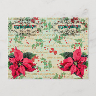 Cartão Postal Feliz Natal Poinsettia Vermelha e Fruta do Azevinh