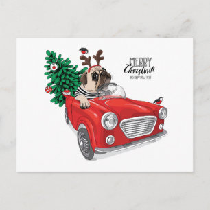 Cartão Postal Feliz Natal   Pug Carro vintage de condução