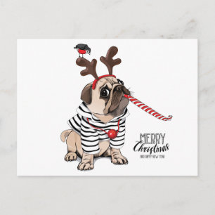 Cartão Postal Feliz Natal Pug Reindeer