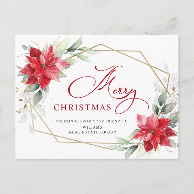 Cartão Postal Feliz Natal Red Poinsettia Saudação Corporativa (Frente)