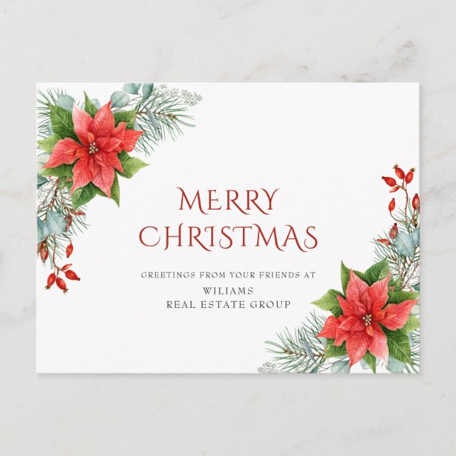 Cartão Postal Feliz Natal Red Poinsettia Saudação Corporativa (Frente)