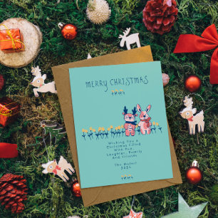 Cartão Postal Feliz Natal – Rena e Coelho em Azul Turquesa