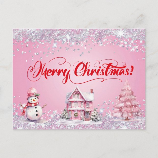 Cartão Postal Feliz Natal Rosa (Frente)