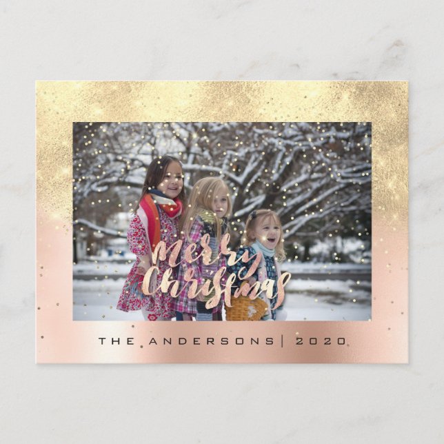 Cartão Postal Feliz Natal Rosa de Neve Dourada Foto Glitter Spar (Frente)