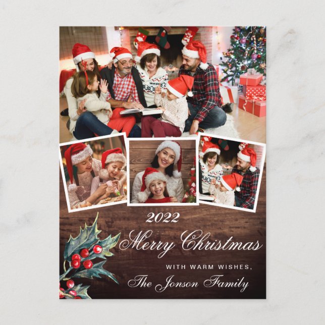 Cartão Postal Feliz Natal Rustic 4 PHOTO Collage Saudação (Frente)