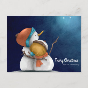 Cartão Postal Feliz Natal Starry noite com homens de neve abraça