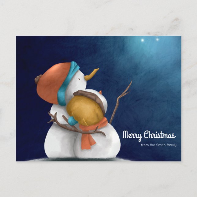 Cartão Postal Feliz Natal Starry noite com homens de neve abraça (Frente)
