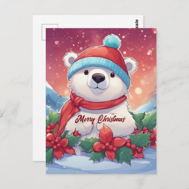 Cartão Postal Feliz Natal Urso Polar Branco (Frente/Verso)