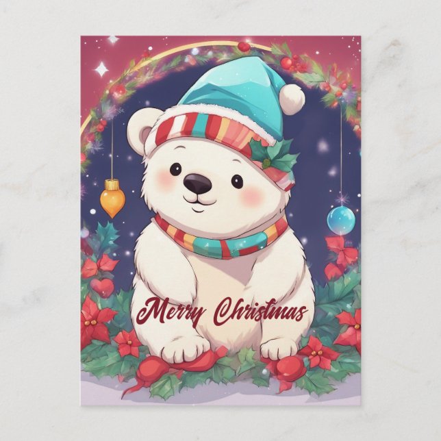 Cartão Postal Feliz Natal Urso Polar Branco (Frente)