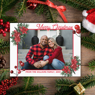 Cartão Postal Feliz Natal vermelho bagas holly foto floral