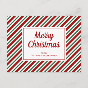 Cartão Postal Feliz Natal Vermelho Verde, Padrão Branco Riscado