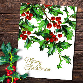 Cartão Postal Feliz Natal Vintage Holly Berries com Mensagem