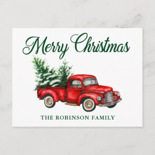 Cartão Postal Feliz Natal Watercolor Vintage Red Truck