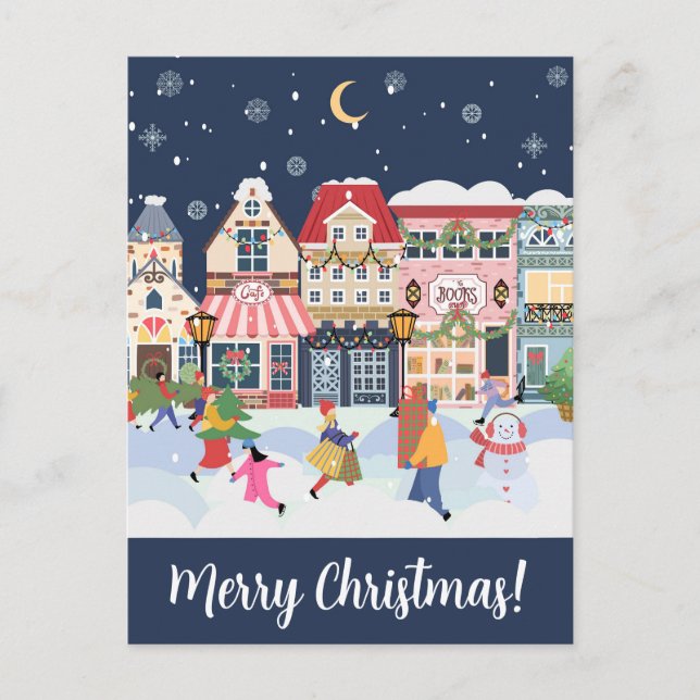 Cartão Postal Feliz Natal Whimsy Winter Town Personalize (Frente)