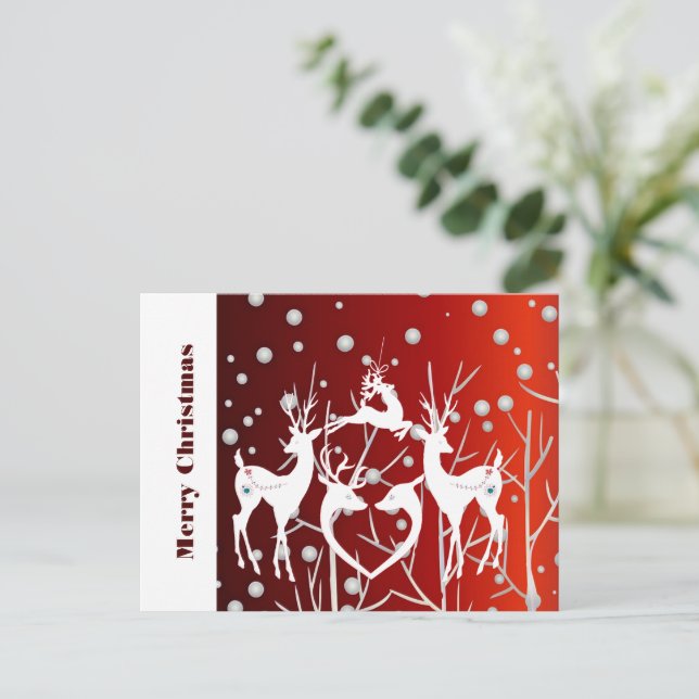 Cartão Postal Feliz Natal White Reindeer Elegante Vermelho (Em pé/Frente)